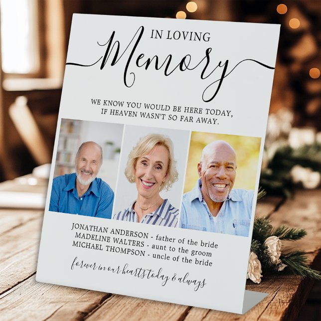 In Loving Memory 3 Photo Modern Memorial Wedding Pedestal Sign (Creator Uploaded)