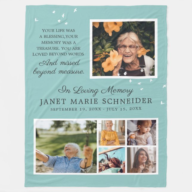 In Loving Memory | 6 Photo Collage Quote Keepsake Fleece Blanket (Front)
