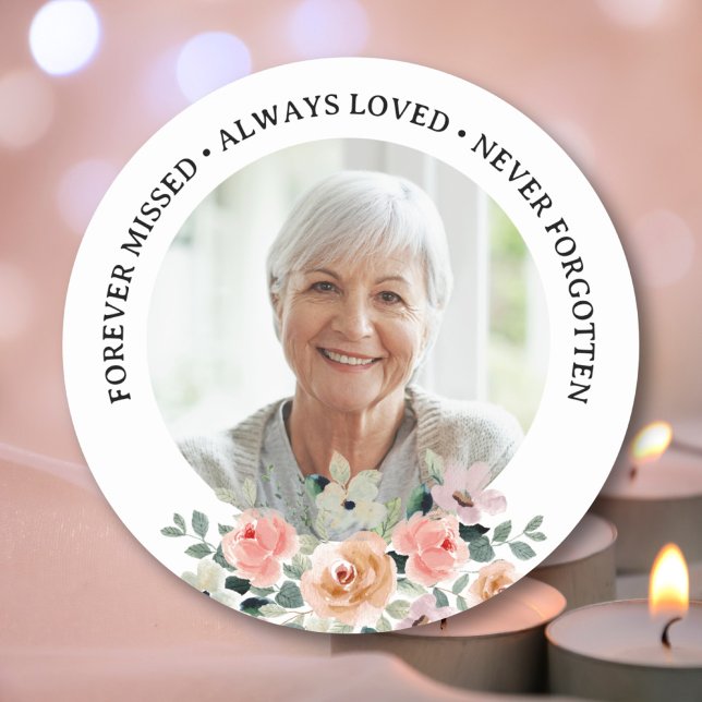 In loving Memory Always Loved Custom Photo Floral Classic Round Sticker (Creator Uploaded)