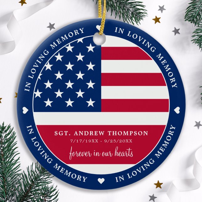 In Loving Memory American Flag Veteran Memorial Ceramic Ornament (Creator Uploaded)