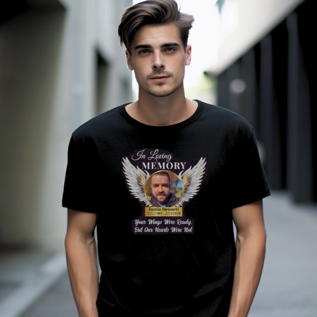 In Loving Memory Angel Wings Photo Memorial  T-Shirt (In Loving Memory Angel Wings Photo Memorial T Shirt, White, Gold)