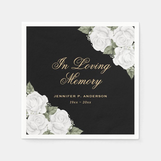 In Loving Memory Black and White Floral Funeral Napkin (Front)