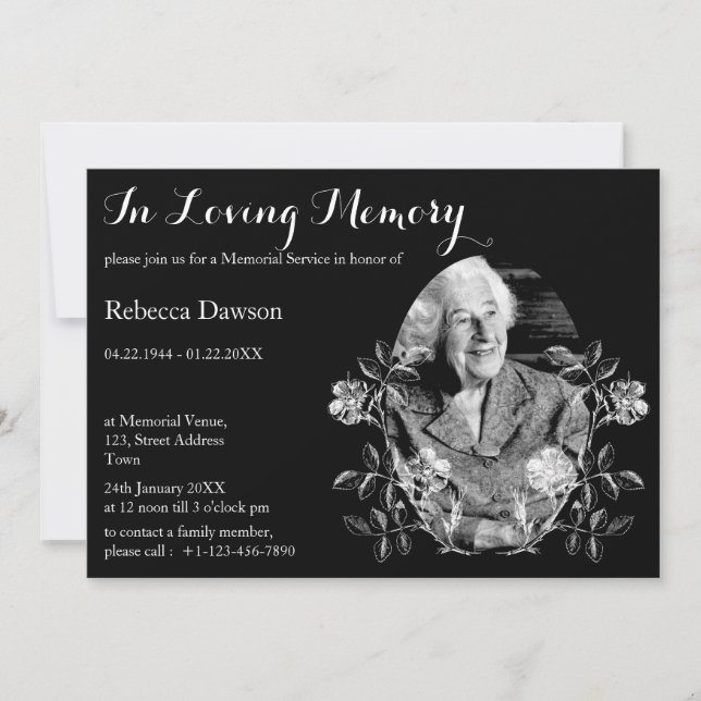 In Loving Memory Black Elegant Floral Memorial Invitation (Front)