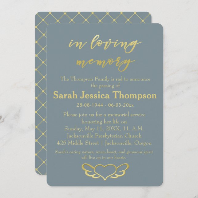In Loving Memory - Blue & Gold Memorial Service Invitation (Front/Back)