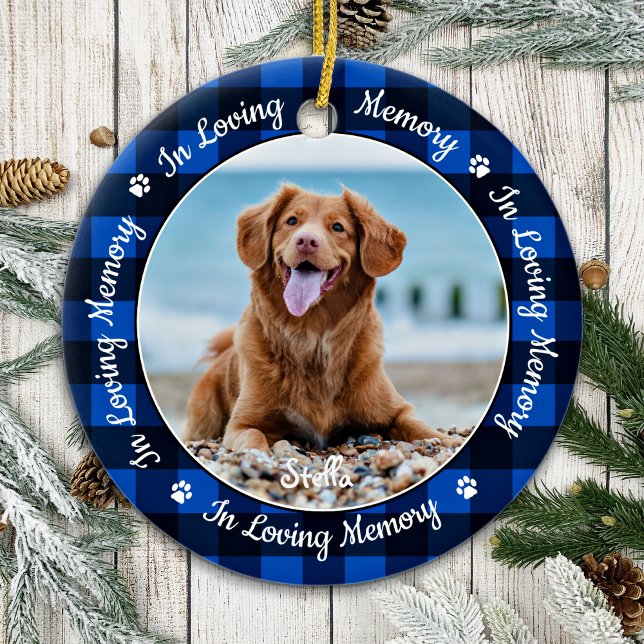 In Loving Memory Blue Plaid Dog Photo Pet Memorial Ceramic Ornament (Creator Uploaded)