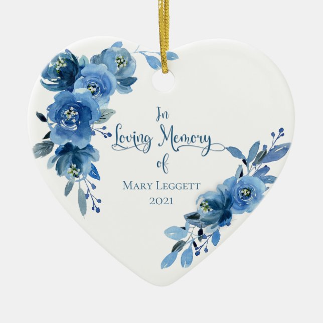 In Loving Memory Blue White Christmas Floral Ceramic Ornament (Front)