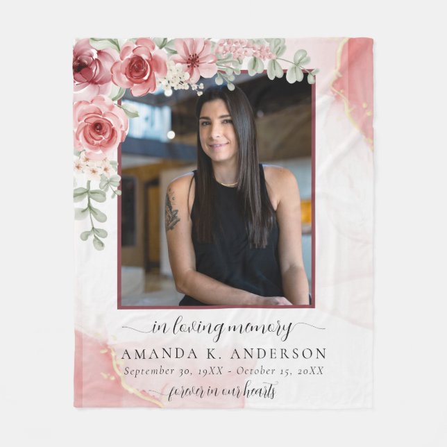 In Loving Memory Blush Red Flower Funeral Fleece Blanket (Front)