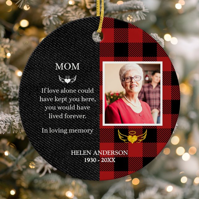  In Loving Memory Buffalo Plaid Photo Memorial Ceramic Ornament (Creator Uploaded)