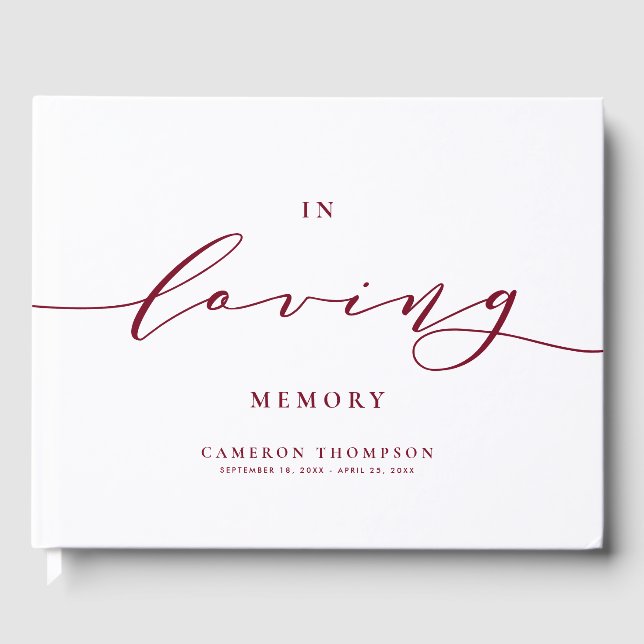 In Loving Memory Burgundy Dainty Script Funeral Guest Book (Front)