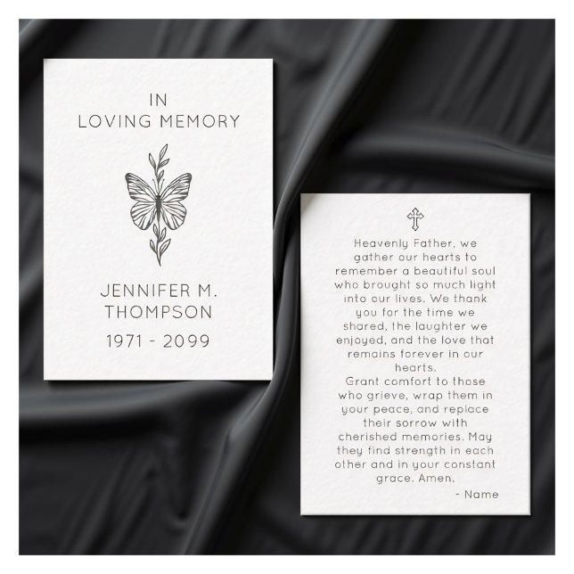 In Loving Memory Catholic Funeral Prayer Card (change the background to a darker fabric, flat, top view, minimalist funeral theme)