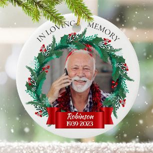 In Loving Memory Christmas Wreath Grandpa Photo Ceramic Ornament