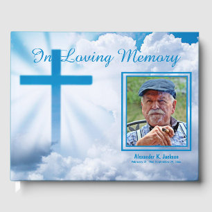 In Loving Memory Clouds Blue Christian Cross Guest Book