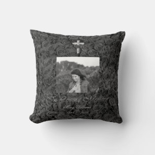 In Loving Memory Cross Add Photo Floral Chic Grey Cushion