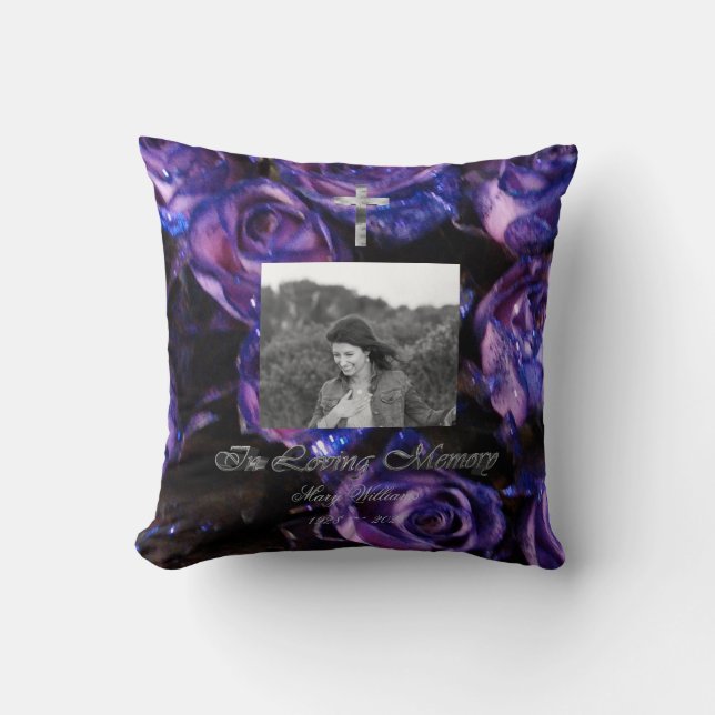 In Loving Memory Cross Add Photo Floral Purple Cushion (Front)
