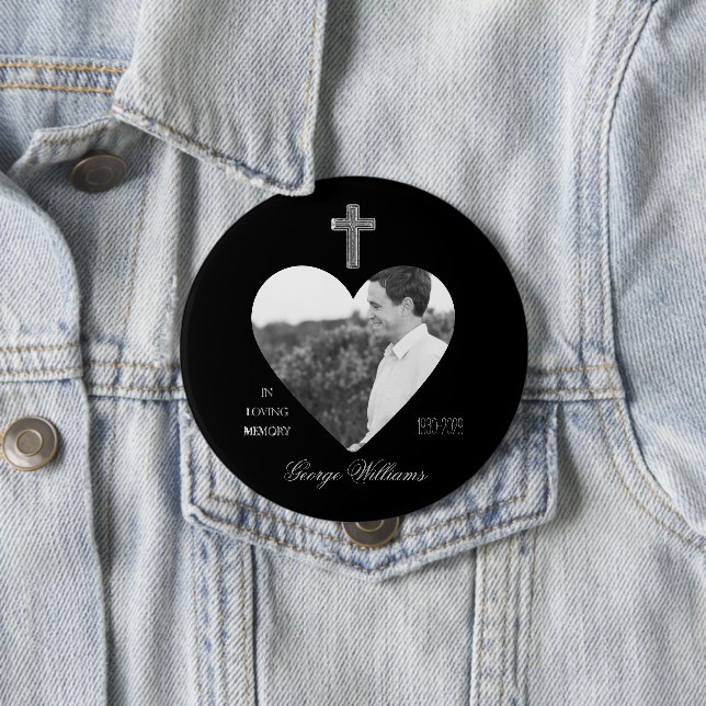 In Loving Memory Cross Heart Shape Photo Memorial 10 Cm Round Badge (In Situ)