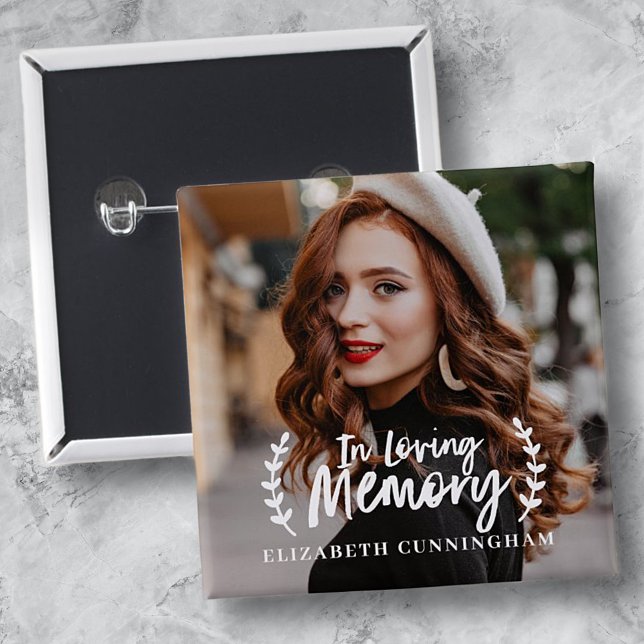 In Loving Memory Cursive Foliage Photo Memorial 15 Cm Square Badge (Creator Uploaded)