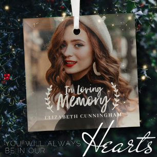 In Loving Memory Cursive Foliage Photo Memorial Glass Tree Decoration