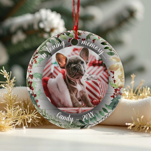 In Loving Memory - Dog Photo Pet Memorial Wreaths Ceramic Ornament (Creator Uploaded)