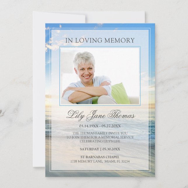 In Loving Memory Elegant Beach Photo Funeral Invitation (Front)