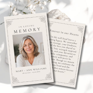 "In loving Memory" Elegant Beige Photo Prayer Card