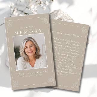 "In loving Memory" Elegant Beige Photo Prayer Card