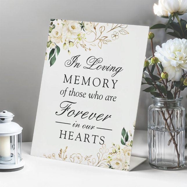 In Loving Memory Elegant Green White Rose Floral Pedestal Sign (Creator Uploaded)