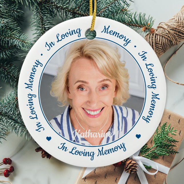 In Loving Memory Elegant Holiday 2 Photo Memorial Ceramic Ornament (Creator Uploaded)