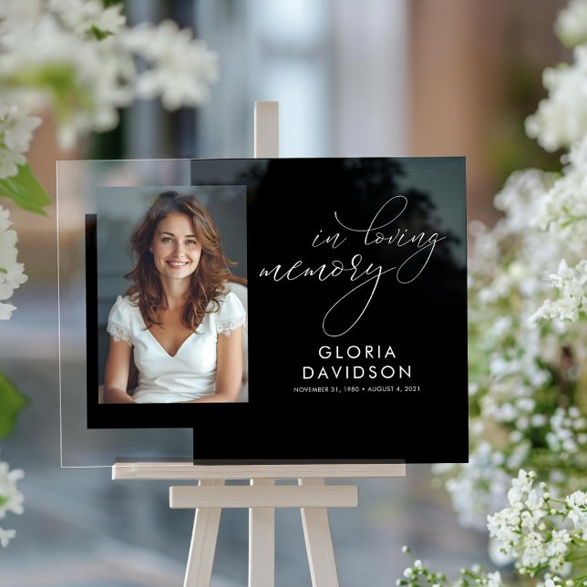 In Loving Memory Elegant Modern Funeral Photo Acrylic Sign (In Loving Memory Glossy Black Funeral Photo Sign)