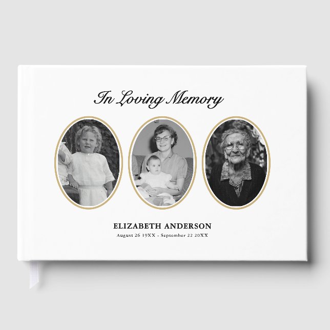 In Loving Memory Elegant Script 4-Photo Guest Book (Front)