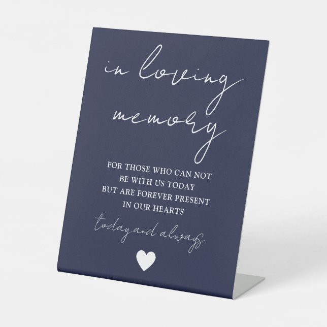 In Loving Memory Elegant Script Navy Blue  Pedestal Sign (Front)