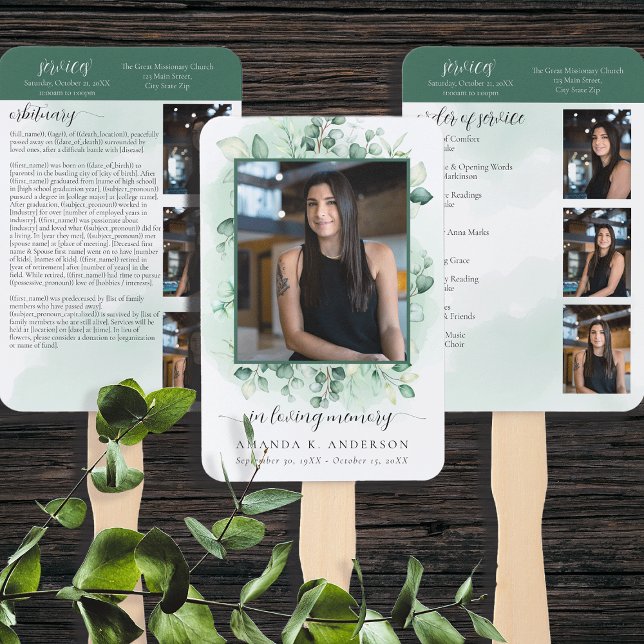 In Loving Memory Eucalyptus Greenery Services Hand Fan (Creator Uploaded)