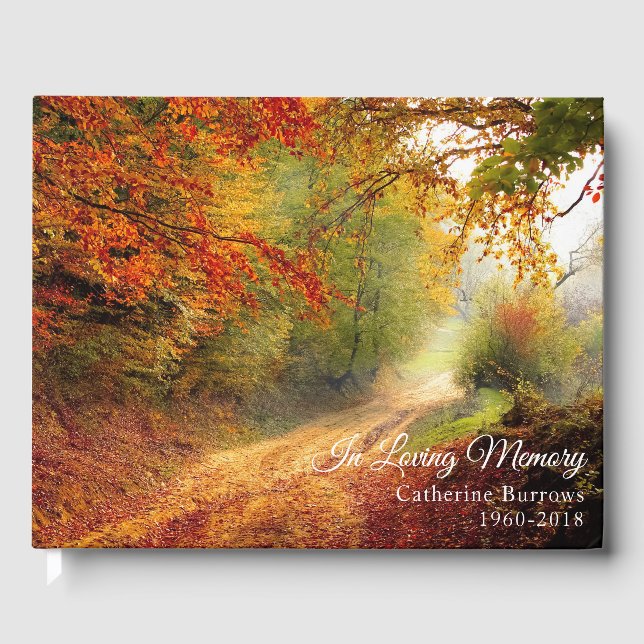 In Loving Memory Fall Forest Funeral Condolence Guest Book (Front)