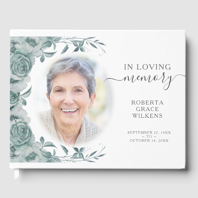 In Loving Memory Floral Green Script Photo Guest Book (Front)