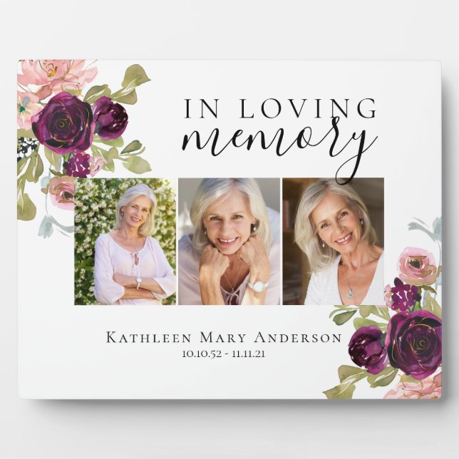 In Loving Memory Floral Photo Memorial Tribute Plaque (Front)