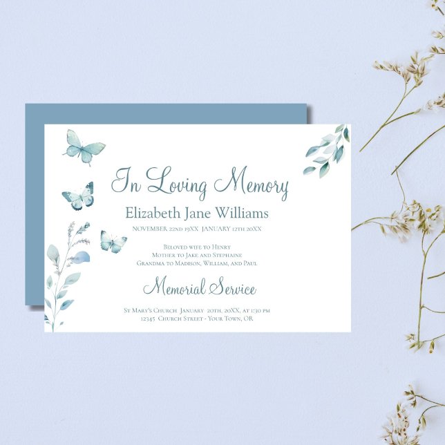 In Loving Memory Funeral Dusty Blue Butterfly  Invitation (Creator Uploaded)