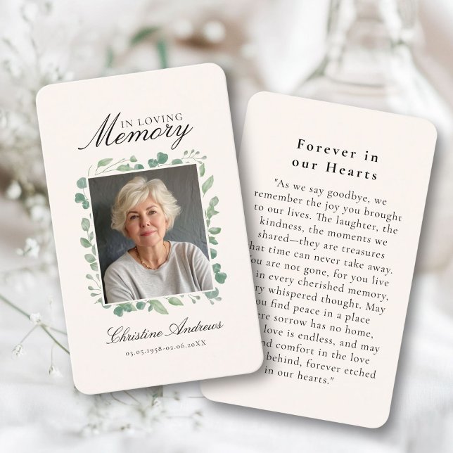 "In Loving Memory" Funeral Photo Prayer  Business Card ("In Loving Memory" Funeral Photo Prayer Beige Business Card)
