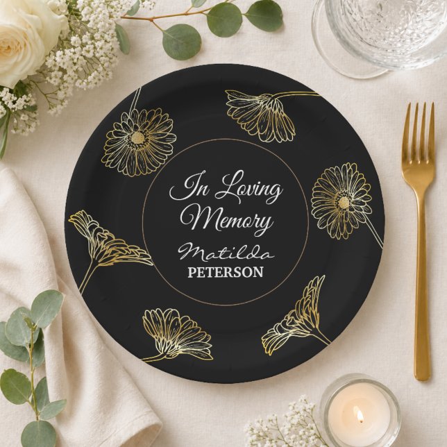 In Loving Memory Gold Flowers Funeral  Paper Plate (Creator Uploaded)