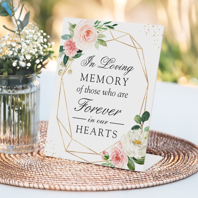 In Loving Memory Gold Geometric Blush Floral Pedestal Sign (Creator Uploaded)