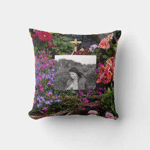 In Loving Memory Golden Cross Add Photo Floral Cushion