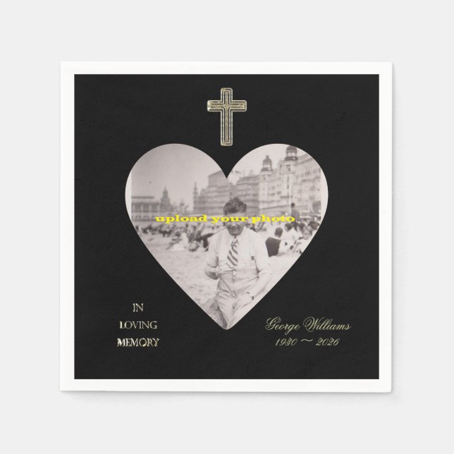 In Loving Memory Golden Cross Heart Shape Photo Napkin (Front)