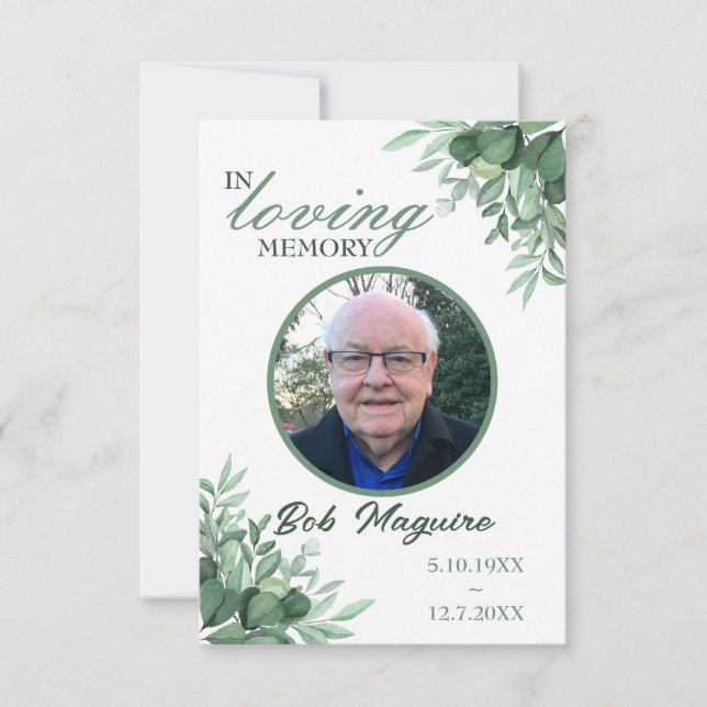 In Loving Memory Green Leaves Photo Funeral Card  (Front)