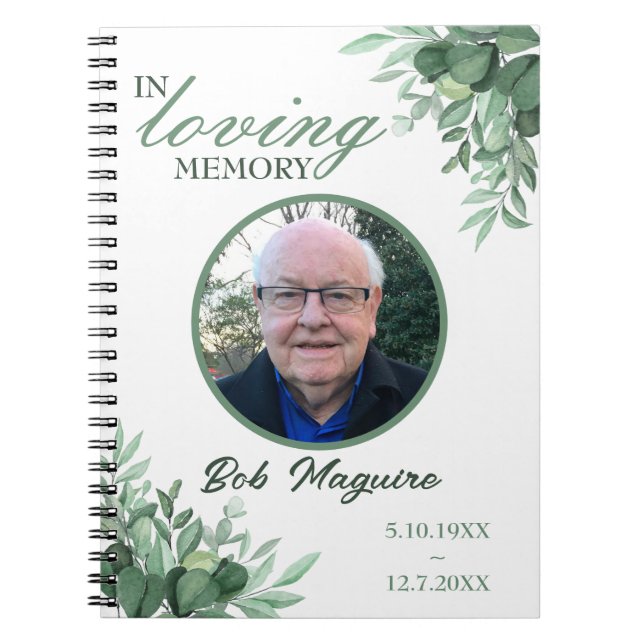 In Loving Memory Green Leaves Photo Funeral  Notebook (Front)