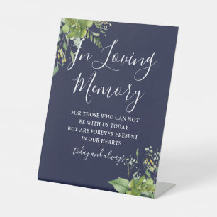 In Loving Memory Greenery Navy Blue Wedding Pedestal Sign