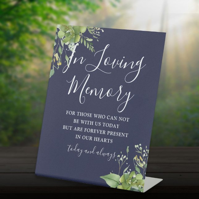 In Loving Memory Greenery Navy Blue Wedding Pedestal Sign (In Loving Memory Greenery Navy Blue Wedding Pedestal Sign)
