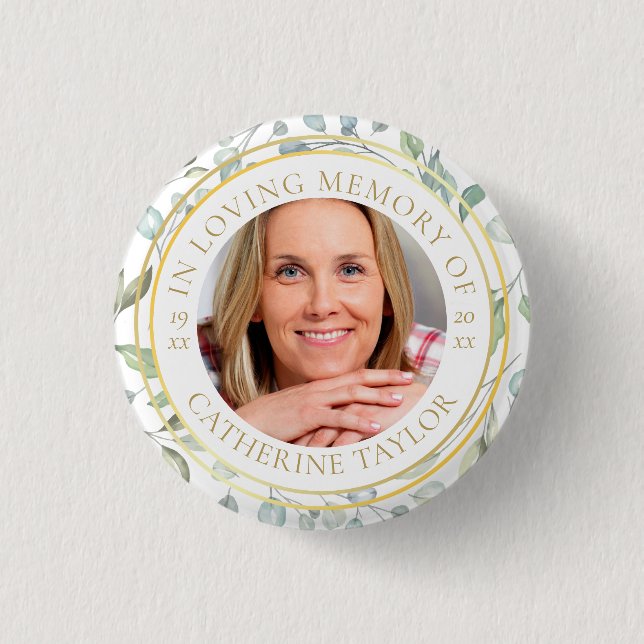 In Loving Memory Greenery Photo Funeral Button (Front)