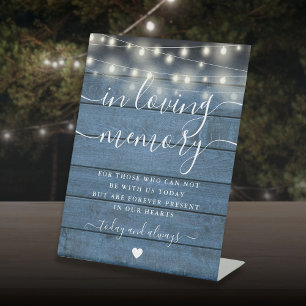 In Loving Memory Memorial Blue Wood String Light Pedestal Sign