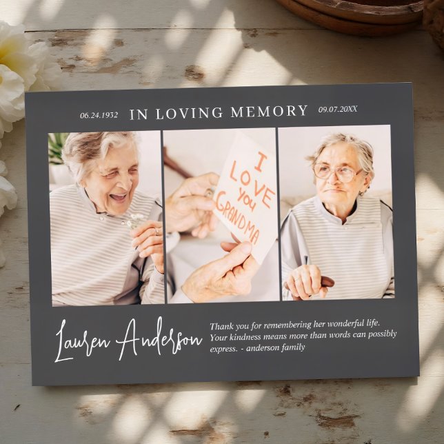 In Loving Memory Memorial Modern Simple 3 Photo Postcard (Creator Uploaded)