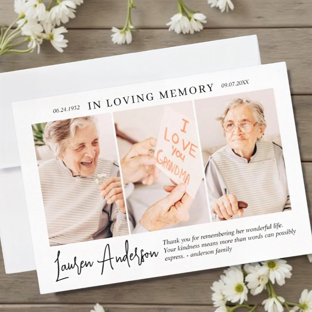 In Loving Memory Memorial Modern Simple 3 Photo Thank You Card (Creator Uploaded)