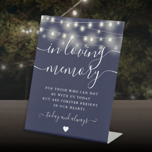 In Loving Memory Memorial Navy Blue String Lights Pedestal Sign