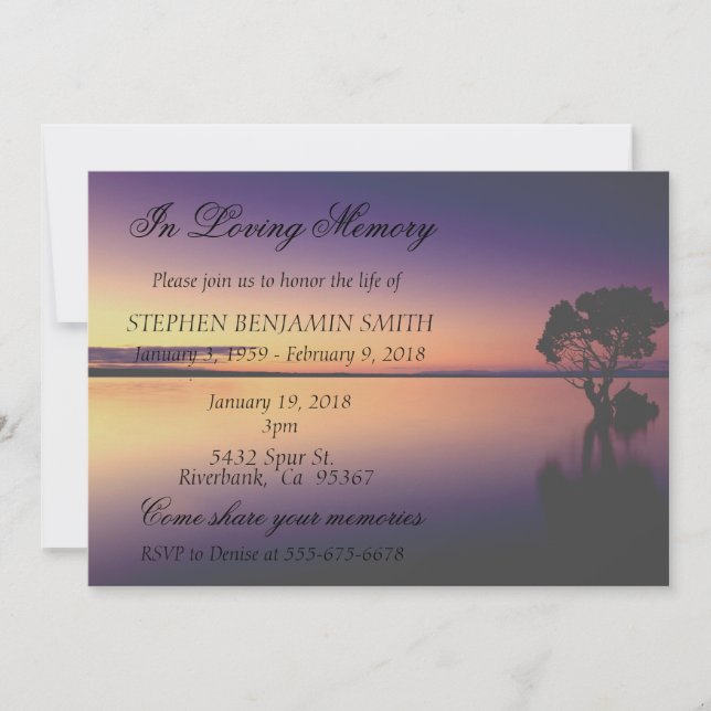 In loving Memory Memorial Service Sunset Lake Invitation (Front)